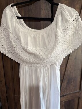 White Off-Shoulder Maxi Dress with Crochet Yoke